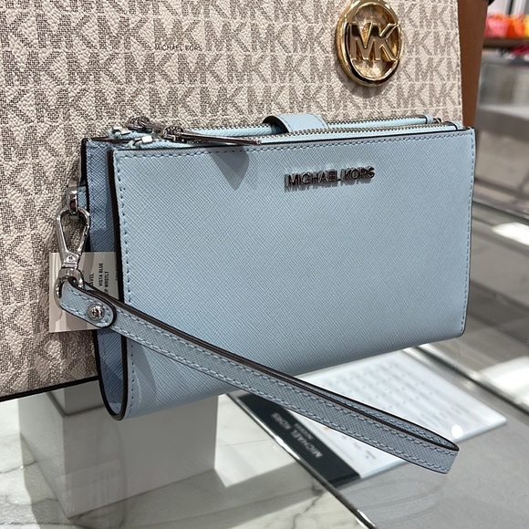 Michael Kors Handbags - MICHAEL KORS LARGE DOUBLE ZIP WRISTLET WALLET PHONE CASE CLUTCH 
Vista Blue 
NWT